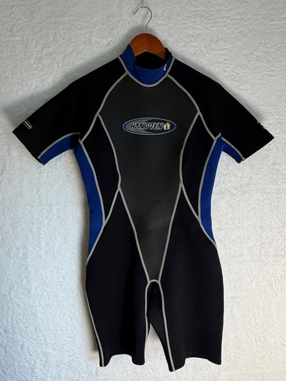 Hang Ten Shorty Wetsuit Size Large Black Blue Front Zip Surf Swim Dive